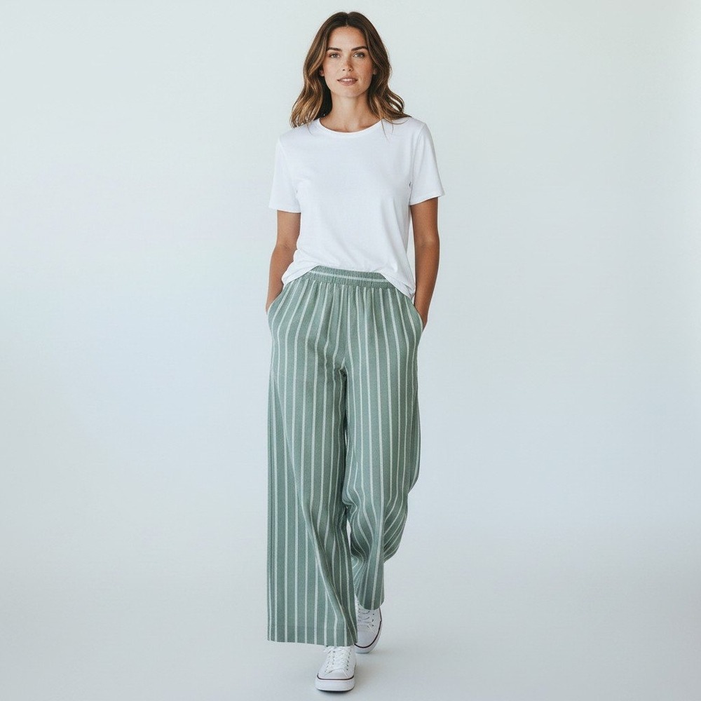 Auden Pajama Pants XL Sage Green Striped Wide Leg Cotton Blend Loungewear